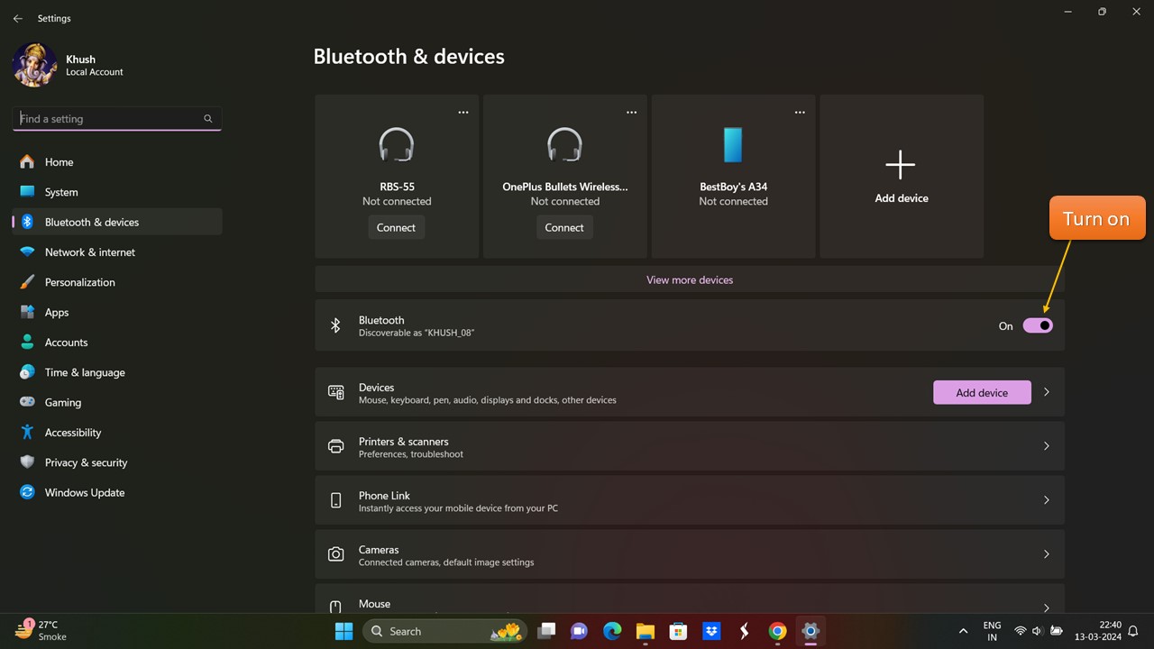 Turn On Bluetooth on windows 11